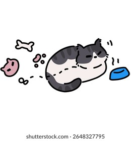 Chill tuxedo cat with toys cartoon illustration art 