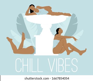 Chill vibes. Vector  hand drawn illustration of girls in swimsuits on fountain isolated. Creative artwork.  Template for card, poster, banner, print for t-shirt, pin, badge, patch.