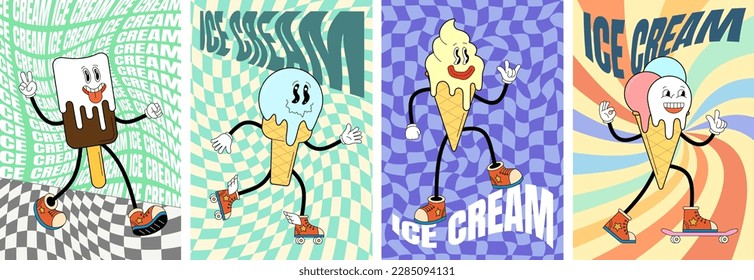 Chill vintage ice cream cone characters on funky artwork print. Trippy sweet treat mascots on poster set. Groovy hippie style dessert on vibrant multicolor backdrops. Stylish millennium vector banners