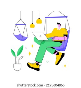 Chill zone isolated cartoon vector illustrations. Man with laptop sitting on a hammock in respite room, chill zone in smart office, recreation area, modern workplace vector cartoon.