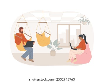 Chill zone isolated cartoon vector illustrations. Man with laptop sitting on a hammock in respite room, chill zone in smart office, recreation area, modern workplace vector cartoon.