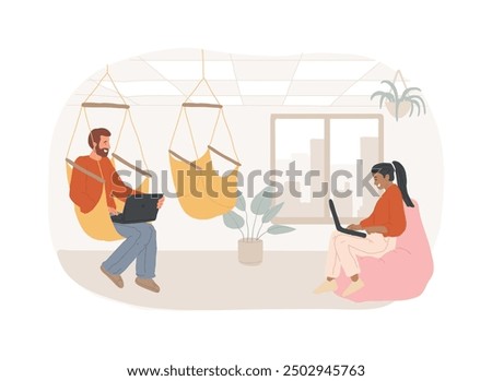 Chill zone isolated cartoon vector illustrations. Man with laptop sitting on a hammock in respite room, chill zone in smart office, recreation area, modern workplace vector cartoon.