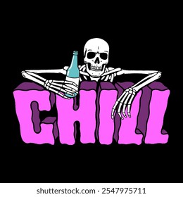 CHILL ZONE SKELETON WITH BOTTLE OF DRINK COLOR BLACK BACKGROUND