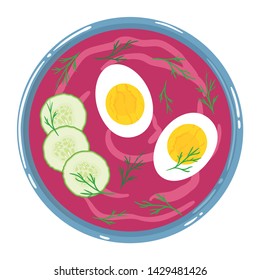 Chilled beetroot soup in a bowl with sour cream, egg, cucumber and dill, top view, isolated on white background. Cold borscht.Healthy clean balanced natural vegetarian detox meal. Vector illustration.