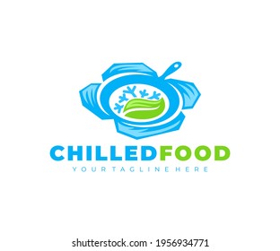 Chilled food, skillet, snowflake and leaf, logo design. Kitchen, cuisine, eating and eat, vector design and illustration