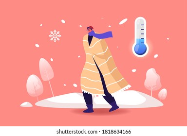 Passerby frito caminando contra el viento y la nieve en la calle en invierno frío y con baja temperatura. Personaje masculino envuelto en papel con ropa cálida al aire libre. Ilustración del vector de dibujos animados