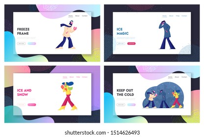 Chilled People on Winter City Street Website Landing Page Set. Dweller Characters Men and Women in Warm Clothes Walking Outdoors in Cold Snowy Weather Web Page Banner. Cartoon Flat Vector Illustration