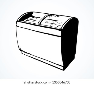 Chiller case icebox door stand on light background. Line black ink hand drawn rack chest box cafe aisle device symbol sign in art modern doodle cartoon style pen on paper space for text. Close up view