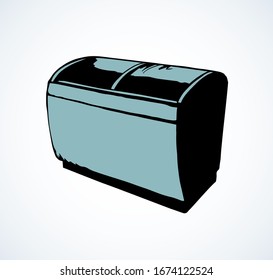 Chiller case icebox door stand on light background. Line black ink hand drawn rack chest box cafe aisle device symbol sign in art modern doodle cartoon style pen on paper space for text. Close up view
