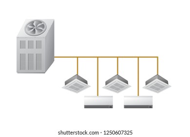 Chiller with Ceiling Cassette and wall indoor units. Air cooling in home and office. Vector illustration.