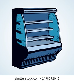 Chiller show icebox up set stand on white background. Outline black hand drawn empty cafe freeze ice cream brand aisle cooler design symbol sign icon in art modern doodle cartoon style on text space