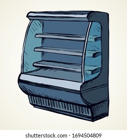 Chiller show icebox up set stand on white background. Outline black hand drawn empty cafe freeze ice cream brand aisle cooler design symbol sign icon in art modern doodle cartoon style on text space
