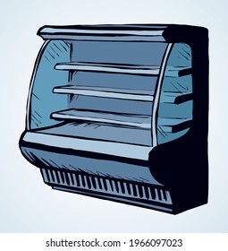 Chiller show icebox up set stand on white background. Outline black hand drawn empty cafe freeze ice cream brand aisle cooler design symbol sign icon in art modern doodle cartoon style on text space