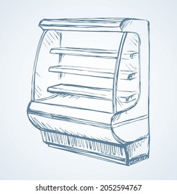 Chiller show icebox up set stand on white background. Outline black hand drawn empty cafe freeze ice cream brand aisle cooler design symbol sign icon in art modern doodle cartoon style on text space