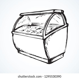 Chiller show icebox shelf stand on light background. Line black hand draw empty rack chest box. Cafe aisle device symbol sign in art modern doodle cartoon style on paper space for text. Closeup view