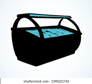 Chiller show icebox shelf stand on light background. Line black hand draw empty rack chest box. Cafe aisle device symbol sign in art modern doodle cartoon style on paper space for text. Closeup view