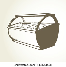 Chiller show icebox shelf stand on light background. Line black hand draw empty rack chest box. Cafe aisle device symbol sign in art modern doodle cartoon style on paper space for text. Closeup view
