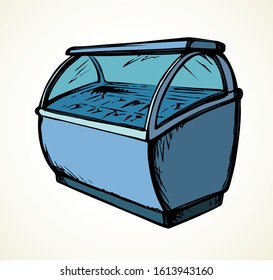 Chiller show icebox shelf stand on light background. Line black hand draw empty rack chest box. Cafe aisle device symbol sign in art modern doodle cartoon style on paper space for text. Closeup view