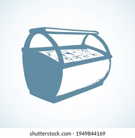 Chiller show icebox shelf stand on light background. Line black hand draw empty rack chest box. Cafe aisle device symbol sign in art modern doodle cartoon style on paper space for text. Closeup view