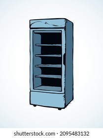 Chiller show icebox shelf stand on light background. Line black hand draw empty rack chest box. Cafe aisle device symbol sign in art modern doodle cartoon style on paper space for text. Closeup view