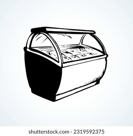 Chiller show icebox shelf stand on light background. Line black hand draw empty rack chest box. Cafe aisle device symbol sign in art modern doodle cartoon style on paper space for text. Closeup view