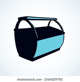 Chiller show icebox shelf stand on light background. Line black hand draw empty rack chest box. Cafe aisle device symbol sign in art modern doodle cartoon style on paper space for text. Closeup view