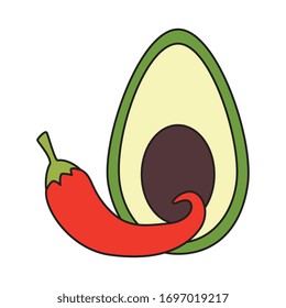 diseño de chile y aguacate, alimento orgánico vegetal saludable natural fresco y tema de mercado Ilustración vectorial