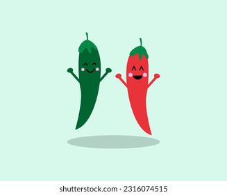 Chilli cute character  Fruits   vegetables cute character in cartoon style and happy faces dancing 