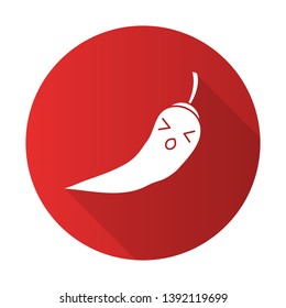 Chilli cute kawaii flat design long shadow glyph character. Persevere vegetable with dizzy face. Funny emoji, emoticon, suffering, surprised. Vector isolated silhouette illustration
