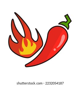 Chili und Feuersymbol. Heiß und scharf. Sehr heiß. Vektorgrafik.