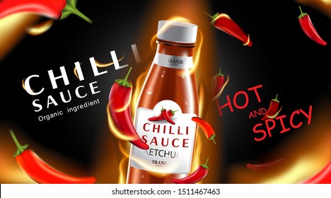 Chilli hot sauce product ads and chili peppers in fire shape with burning fire effect on black background, 3d illustration