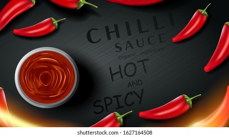 Chilli hot sauce product ads and chili peppers in fire shape with burning fire effect on black background, 3d illustration