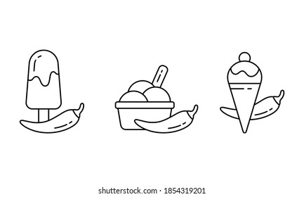 Chilli ice cream. Linear icons set of spicy dessert. Black simple illustration of chili pepper with popsicle, waffle cone and cup of scoops. Contour isolated vector pictogram, white background