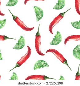 Chilli and lime. Hand drawn watercolor painting on white background seamless pattern. Vector illustration