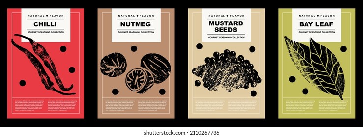 Chilli, nutmeg, mustard seeds, bay leaf. Set of posters of spices and herbs in a abstract draw design. Label or poster for food preparing and culinary. Simple, flat design. For poster, cover, banner. 