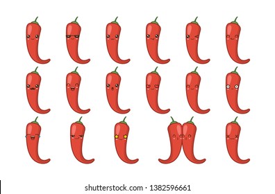 Chilli papper cute kawaii mascot. Set kawaii food faces expressions smile emoticons. 