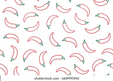 Chilli pepper background, spicy vegetable seamless pattern. Jalapeno line icons. Mexican food vector illustration, red, green, white color.