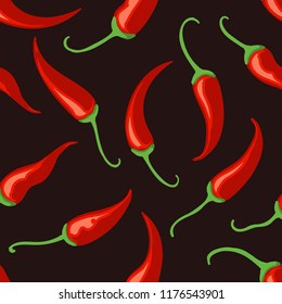 Chilli pepper background. Thai food tabasco chilli spices pepper black seamless pattern, vector illustration