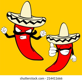 chilli pepper cartoon set with mariachiÃ?Â´s hat in vector format very easy to edit