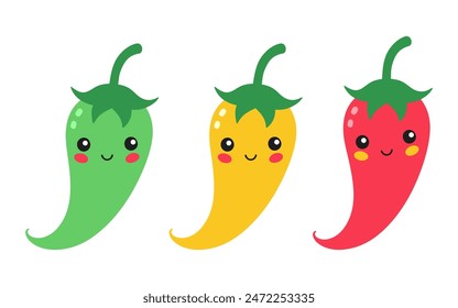 chile pimiento con colección de cara linda, verde, amarillo y rojo, Ilustración vectorial picante jalapeño chilly, aislado sobre fondo blanco