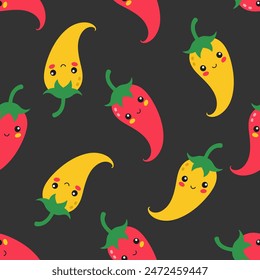 chilli pepper with cute face, spicy jalapeno chilly, vector seamless pattern on black background