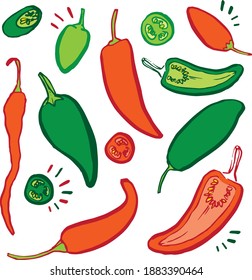 Chilli pepper drawn in brush pen sketch doodle style. Coloured vector icons for recipes, cooking and ingredients 