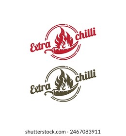 chili pimienta fuego picante insignia vintage logo diseño Ilustración vectorial