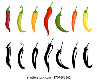 Chilli pepper. Hot red, green and yellow chili peppers. Isolated mexican spices, vector paprika icon signs. Chilli pepper, black and outline. Mexican or asian cuisine vector signs