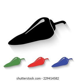 chilli pepper icon - black and colored (green, red, blue) illustration with shadow