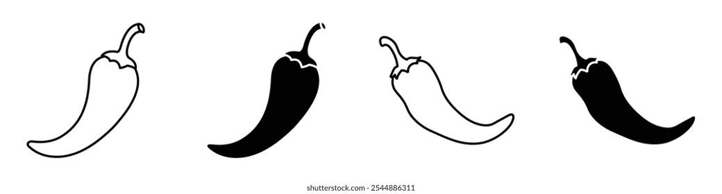 Chilli pepper icon collection in black and white filled and solid vector style.