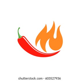 Chilli pepper icon. Hot food logo. Red pepper with fire on white background. Vintage style sign. Vector illustration EPS.