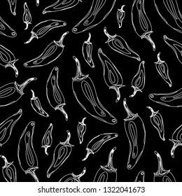 Chilli pepper line seamless pattern. Black and white peppers isolated on  black background. 