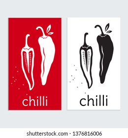 Chilli pepper logo food icon or label. Concept for Restaurant, Spicys, farmers market, organic food, natural vegetables product design. Black, Red and White Isolated, Vector