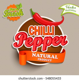 Chilli pepper logo lettering typography food label or sticker. Concept for farmers market, organic food, natural product design.Vector illustration.